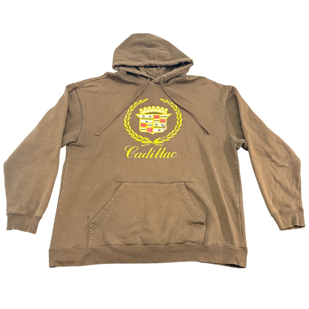 Y2K Cadillac Hoodie Mens XL Brown GM Licensed Logo Graphic Pullover Sweatshirt